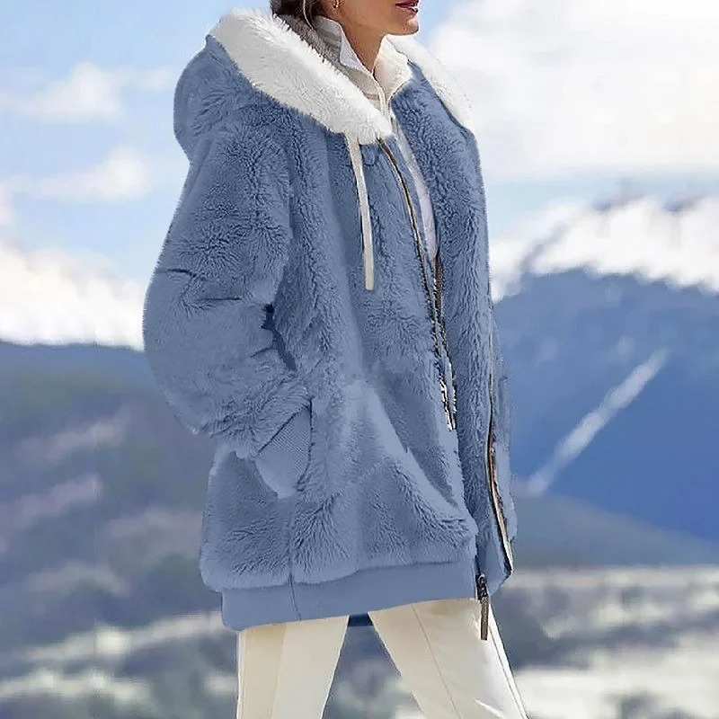 Wool Coat Peacoat - เสื้อแจ็คเก็ตผู้หญิงฤดูหนาวปี 2025 ผ้าพลัฌลำลองทรงหลวม ผ้าฟลีซลายสก็อต Y2K มีฮู้ด