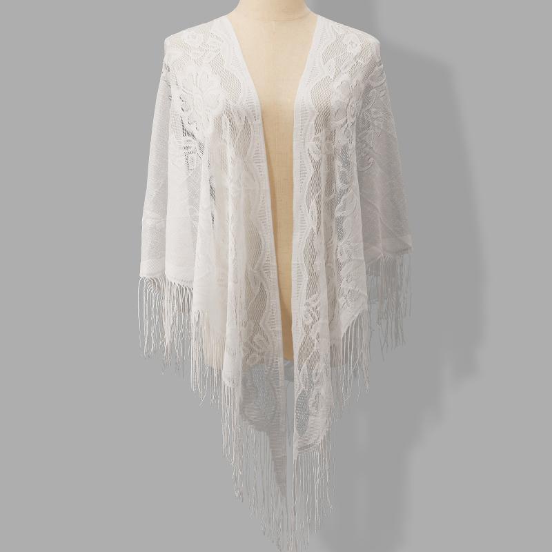 Shawl Wrap Winter - ผ้าคลุมไหล่แต่งงานลายลูกไม้ดอกไม้แบบสามเหลี่ยมพร้อมพู่ห้อย สำหรับงานปาร์ตี้วันหยุดและงานคริสต์มาส