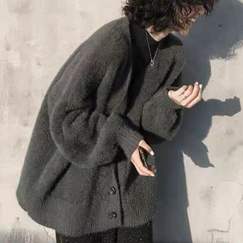 Wool Coat Peacoat - เสื้อสเวตเตอร์ขนเฟลซเลียนแบบขนมิงค์ รุ่นใหม่สำหรับฤดูใบไม้ร่วงและฤดูหนาว สไตล์ลำลองหลวมๆ เสื้อคาร์ดิแกนถักแบบสบายๆ เสื้อโค้ทหนาอุ่นสำหรับผู้หญิง