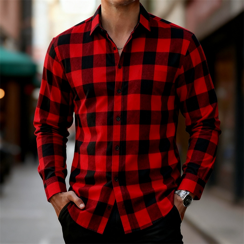 Flannel Shirt Lined - เสื้อเชิ้ตแขนยาวลายสก็อตสีแดงดำสำหรับผู้ชาย มีหลายสีให้เลือก เสื้อเชิ้ตแฟชั่นลำลองสไตล์เรโทรสำหรับกิจกรรมกลางแจ้ง