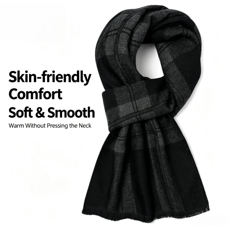 Wool Scarf Men - 1 ชิ้น ผ้าพันคอผู้ชาย ลายตารางสีดำเทา สไตล์อังกฤษ ผ้าผสมขนสัตว์
