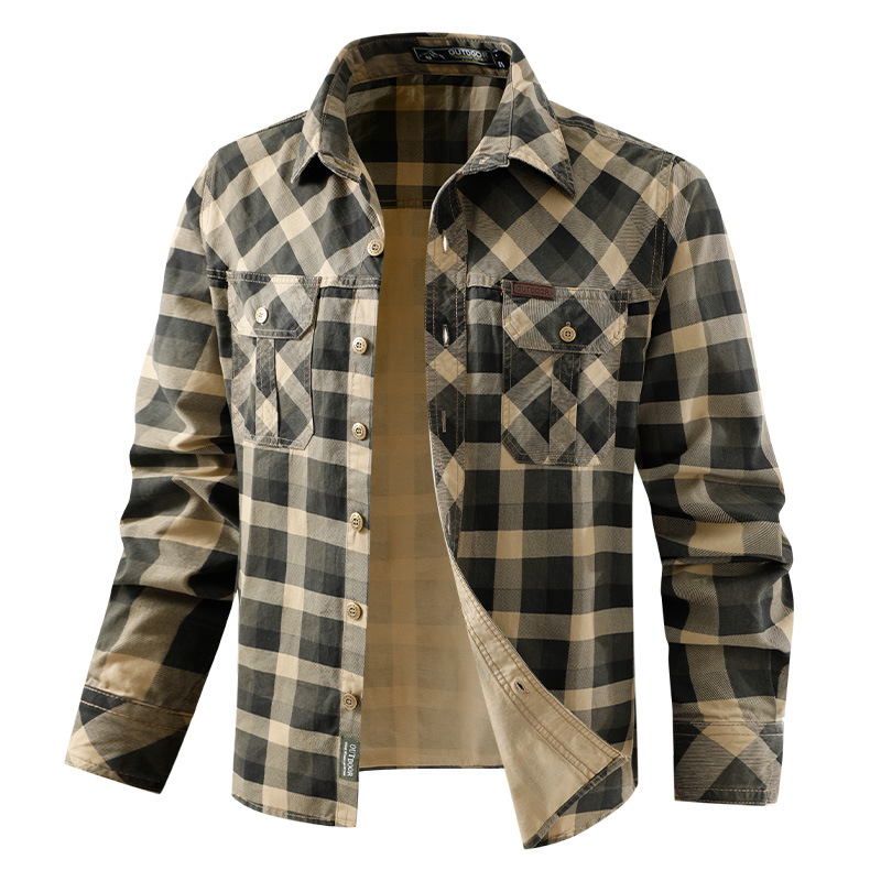 Flannel Shirt Lined - เสื้อเชิ้ตลายตารางสไตล์เรโทรสำหรับผู้ชาย ผ้าฝ้ายแท้ หลายกระเป๋า ลำลอง ทรงหลวม แขนยาว