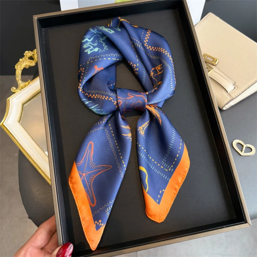 Shawl Wrap Winter - ผ้าพันคอไหมพิมพ์ลายสีน้ำเงิน ผ้าคลุมไหล่ซาตินเนื้อนุ่มหรูหราสำหรับผู้หญิง ผ้าพันคอฮิญาบ ผ้าคาดผมริบบิ้น ผ้าพันคอแฟชั่น ผ้าพันคอแบบผูก